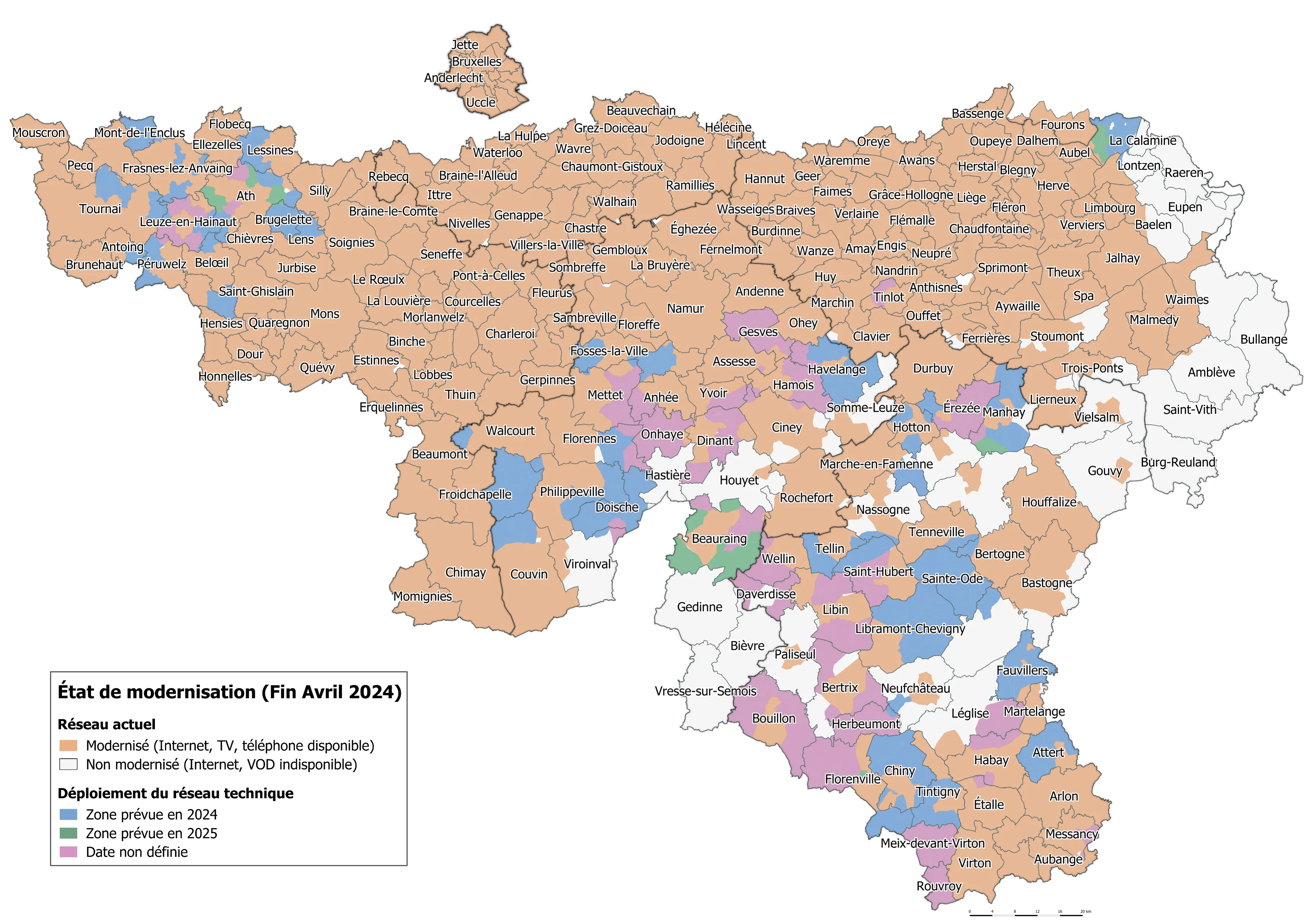 Carte de la modernisation du réseau technique en Wallonie (Belgique) à fin avril 2024, indiquant les zones modernisées, non modernisées et les prévisions de déploiement pour 2024 et 2025.