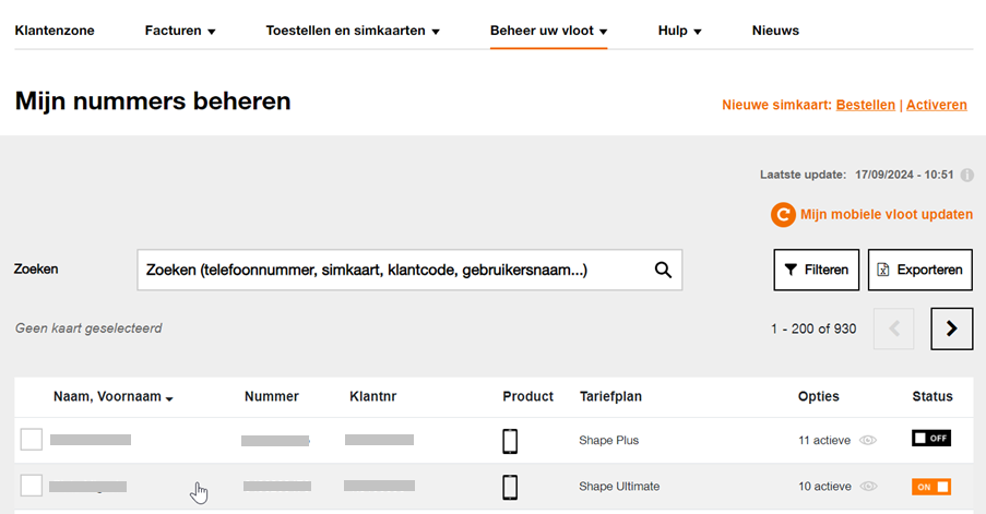 Afbeelding die laat zien hoe je nummers beheert in de Orange klantenzone