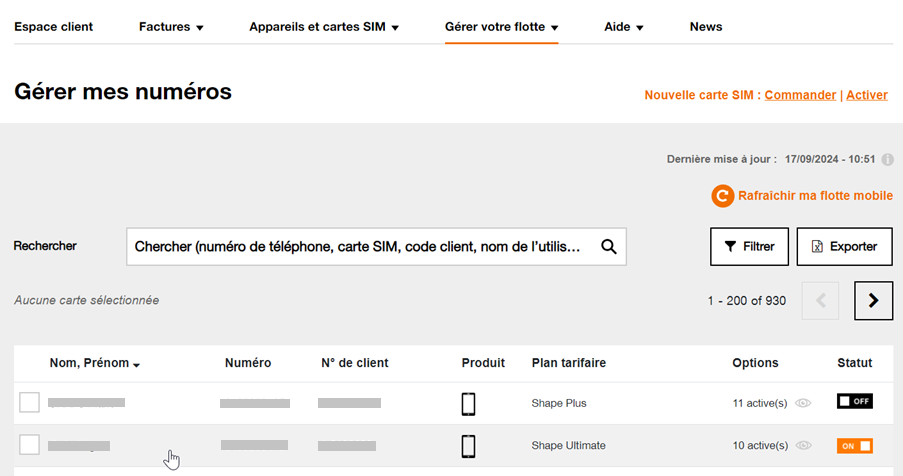 Image montrant comment gérer les numéros dans l'espace client Orange business