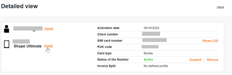 Image showing the details of number in the client zone