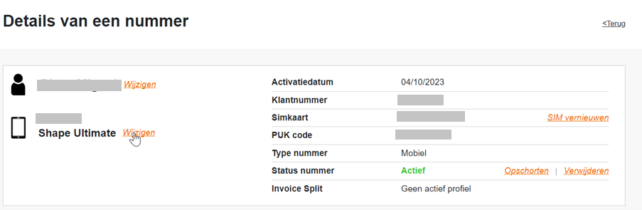 Afbeelding met de details van een nummer in de Orange klantenzone om ze te wijzigen