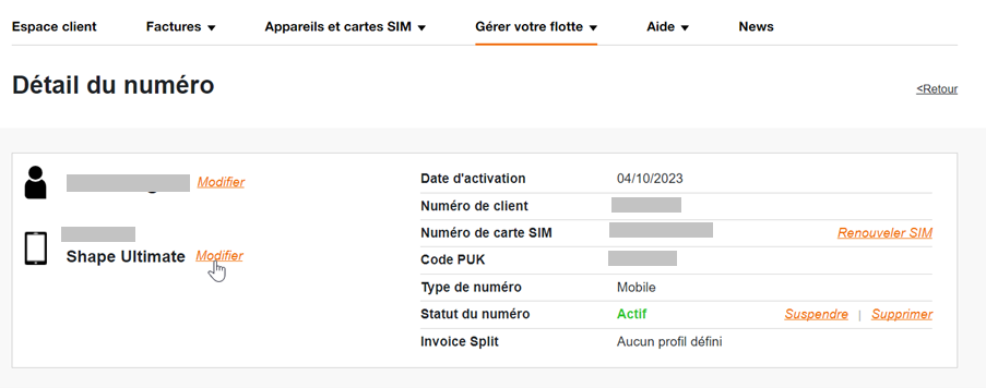 Image montrant les détails d'un numéro dans l'espace client Orange business pour les modifier