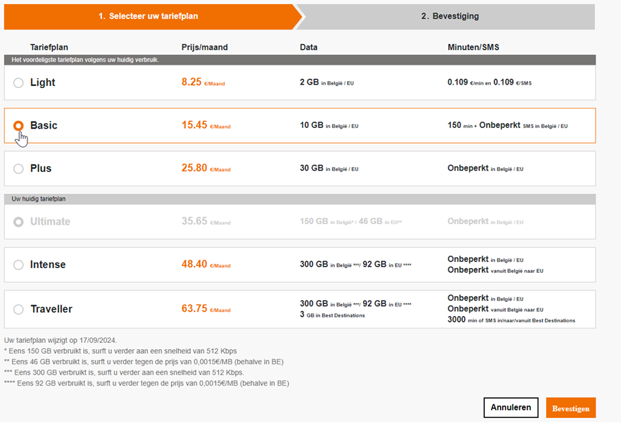 Afbeelding met de verschillende tariefopties in de Orange klantenzone