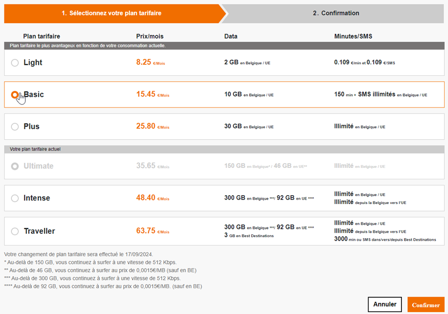 Image montrant les différentes options tarifaires dans l'espace client Orange